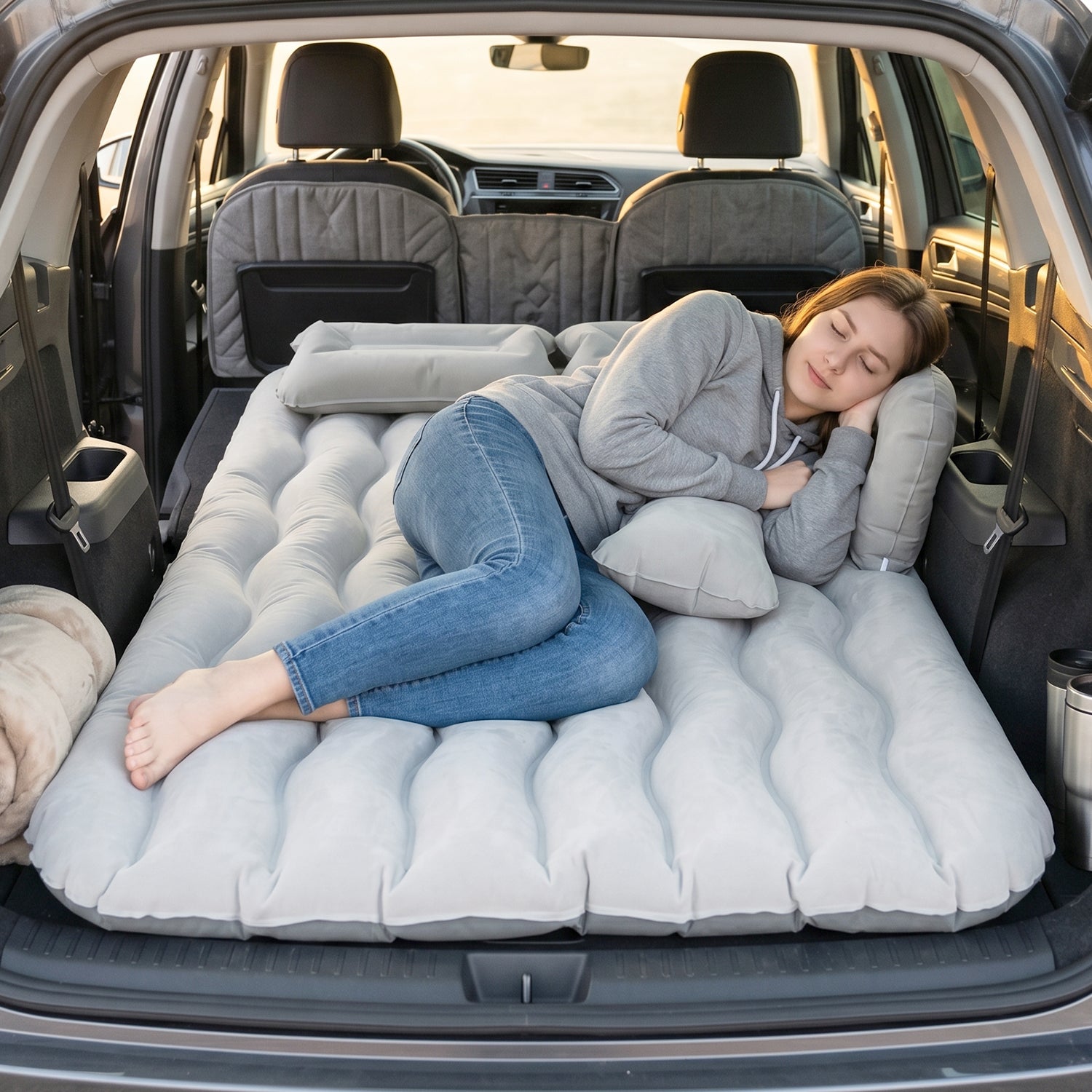 Portable Car Air Mattress Bed Set With Pump Pillows Inflatable (Grey)