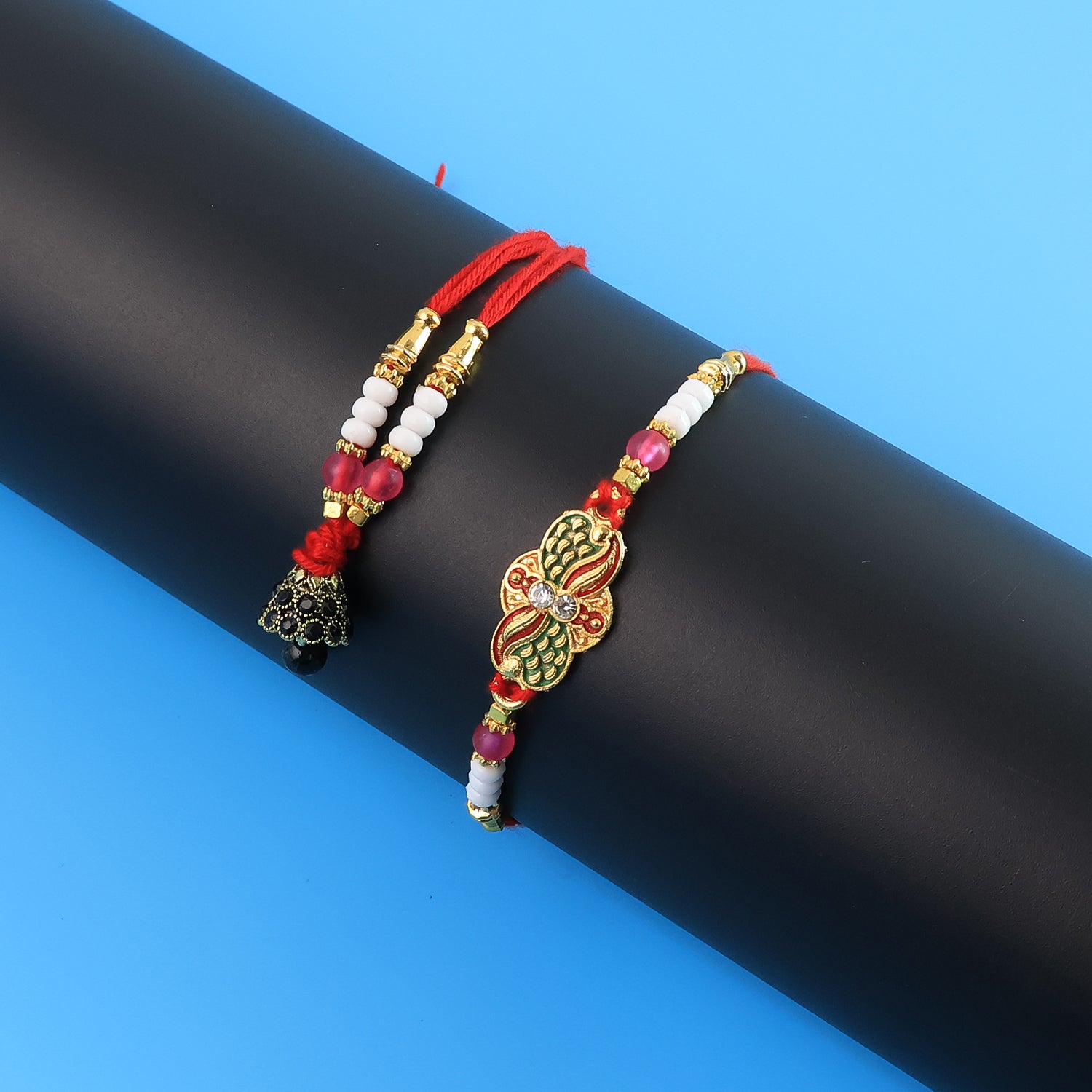 Elegant Bhabhi Lumba Rakhi With Butterfly Design Beaded Tassels Pink Stone Work