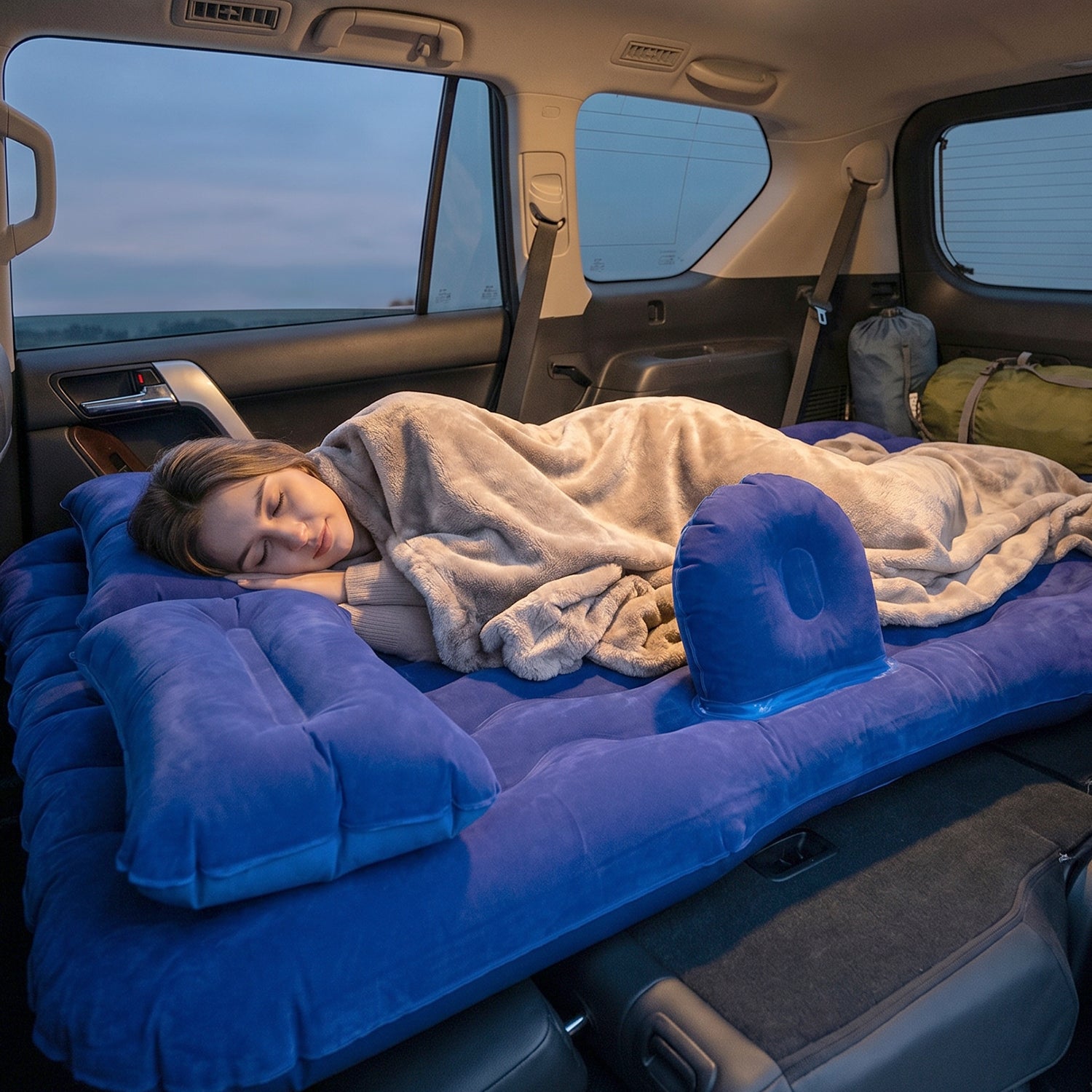 Portable Car Air Mattress Bed Set With Pump Pillows Inflatable (Dark Blue)