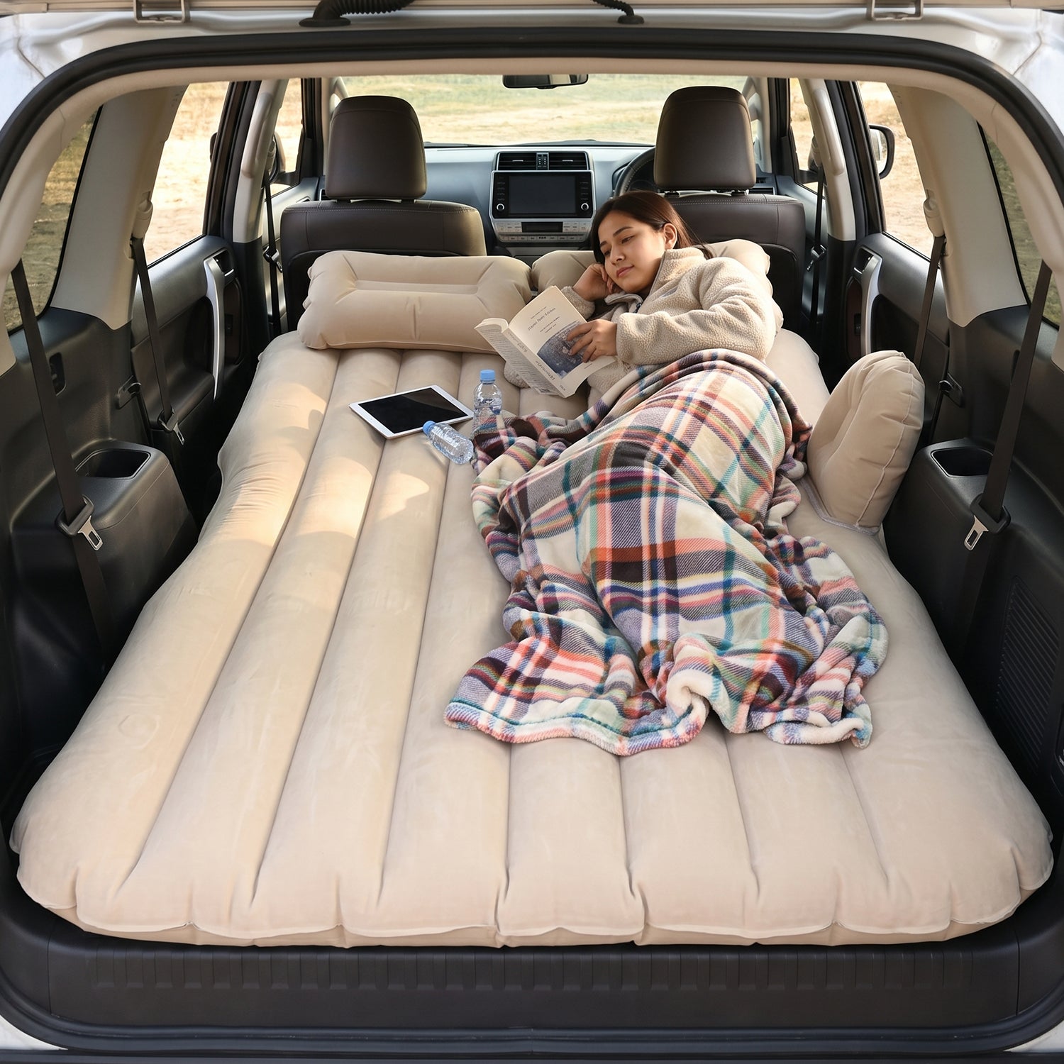Portable Car Air Mattress Bed Set With Pump Pillows Inflatable (Beige)
