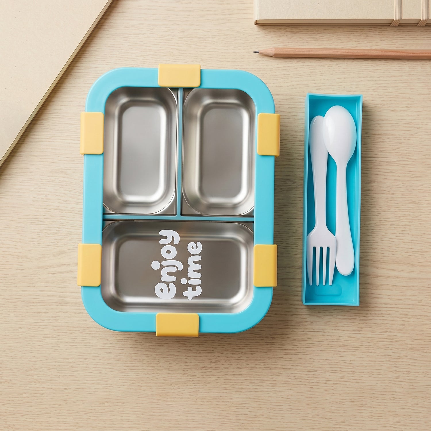 Airtight 3 Compartment Stainless Steel Lunch Box With Spoon Fork 600ml