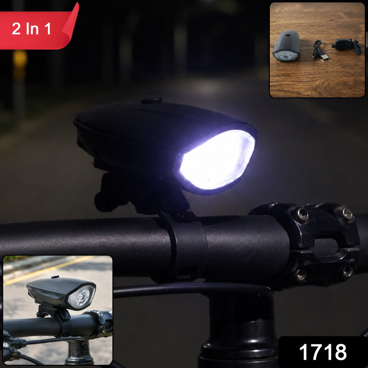 2 In 1 Usb Rechargeable Led Bicycle Front Light With Bracket (1 Pc)