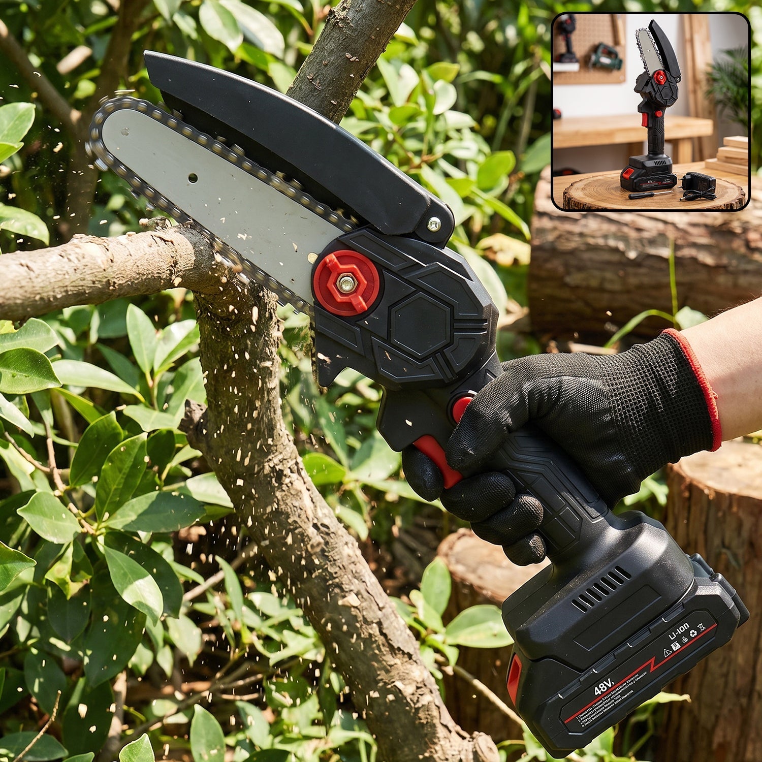Mini Electric Cordless Chainsaw With 48v Battery For Wood Cutting (1 Set)