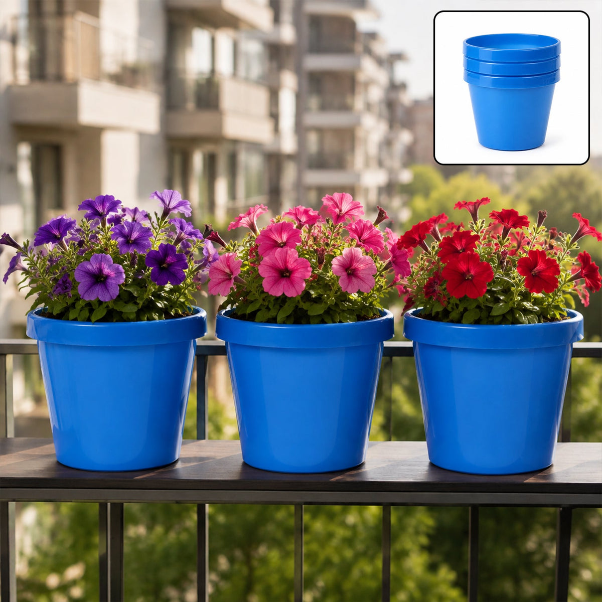 Round Plastic Planter Pot Set For Indoor Outdoor Plants And Home Garden (3 Pc)