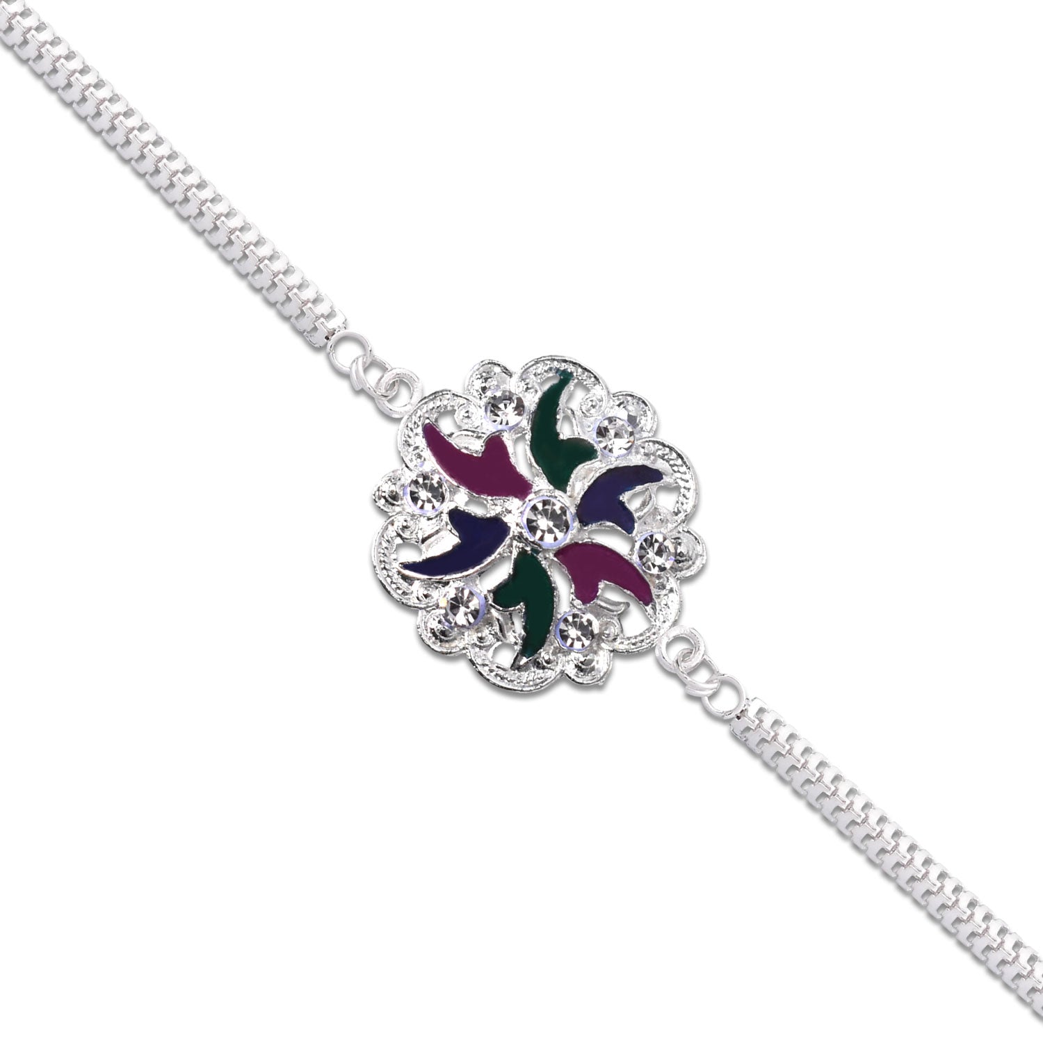 Silver Floral Rakhi With Multicolor Enamel Chain Band