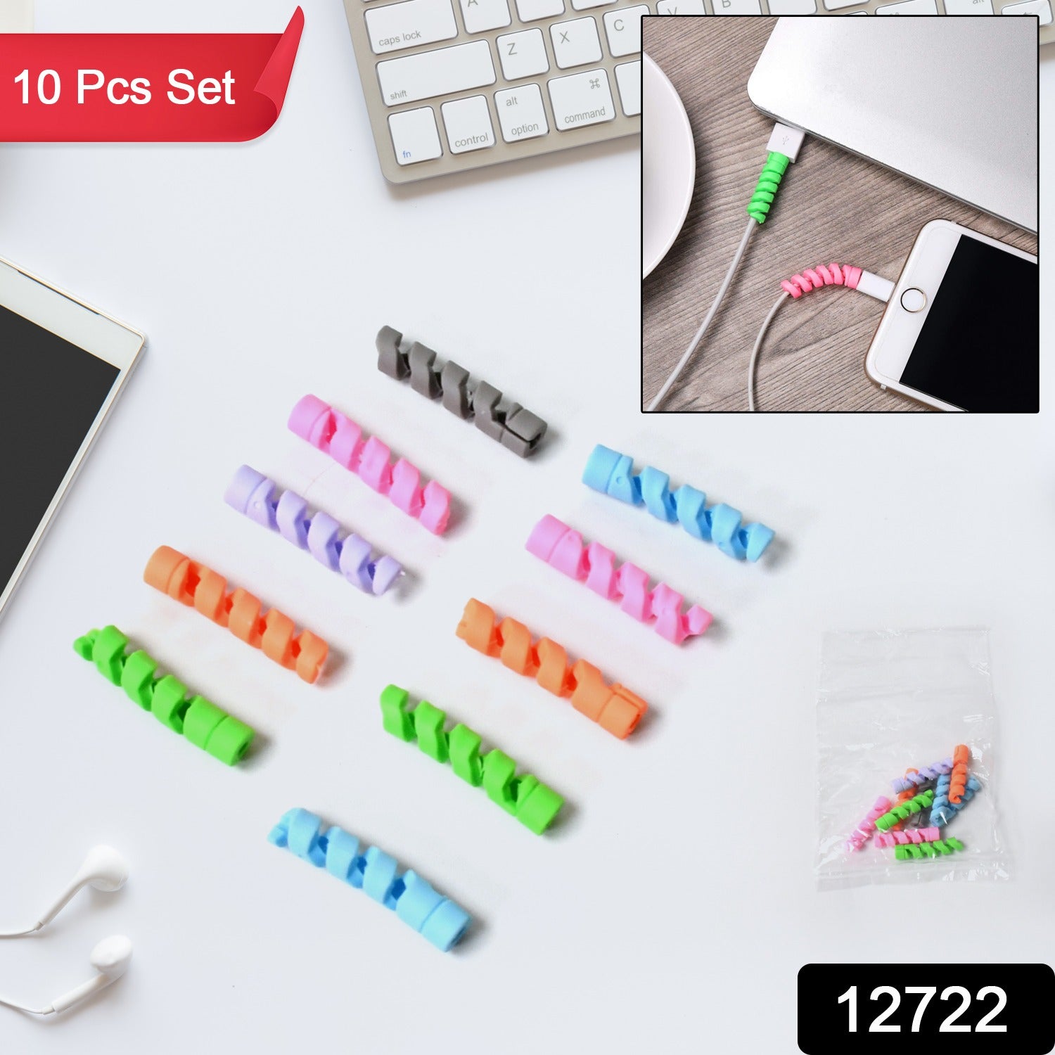 12722 Spiral Charger Cable Protector Data Cable Saver Charging Cords Protective For All Universal Earphone Cable Cover (Pack Of 10)