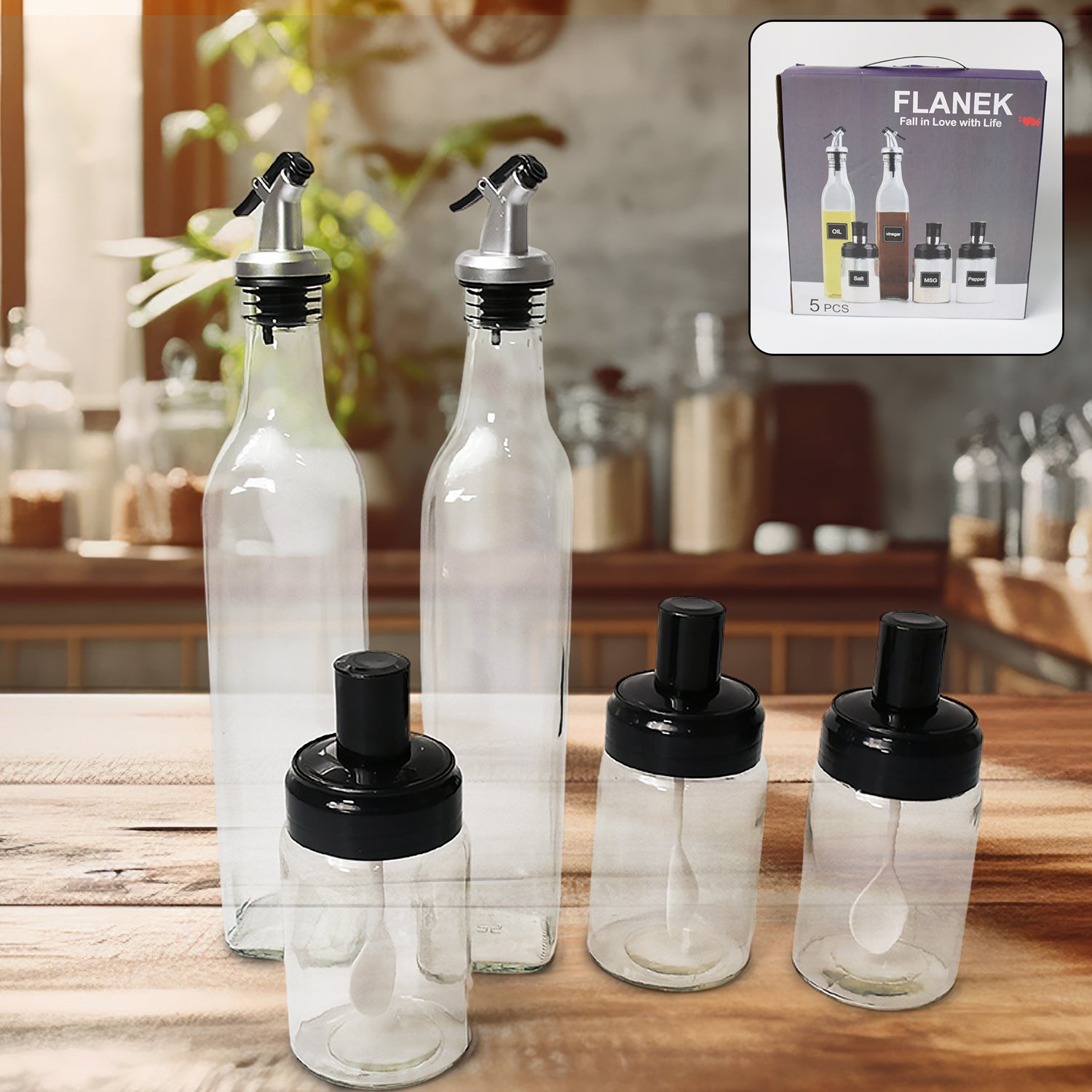 10011 Transparent Glassoil Dispenser 500 Ml Bottle Set Of 2 Spice Jar 250 Ml Set Of 3 Oil Bottle For Kitchen Oil Vinegar Storage Glass Bottle Glass Container For Spice Masala (5 Pcs Set)