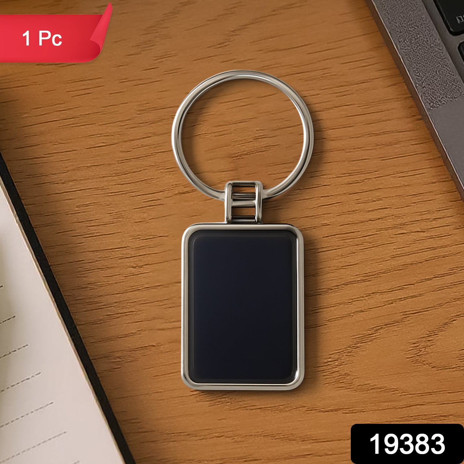 Premium Rectangular Black Silver Metal Keychain (1 Pc)