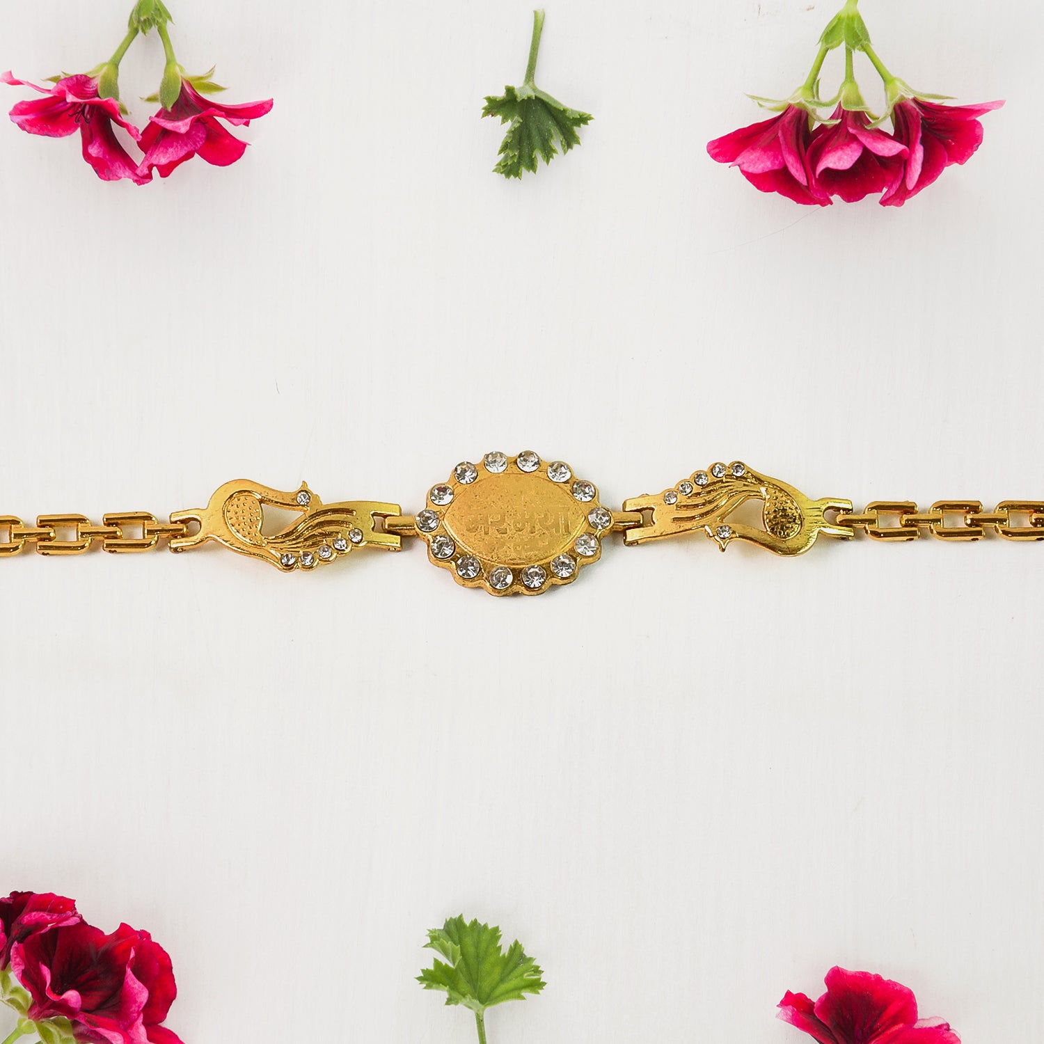 Bracelet With Stone Border Dual Peacock Chain End Rakhi