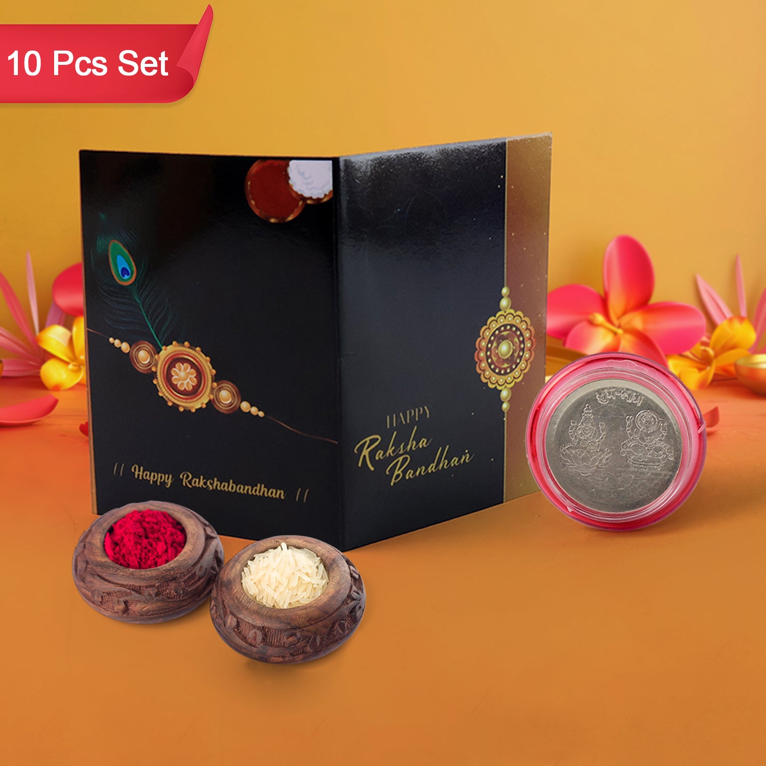 Raksha Bandhan Gift Set Roli Chawal With Greeting Card Silver-coated Coin