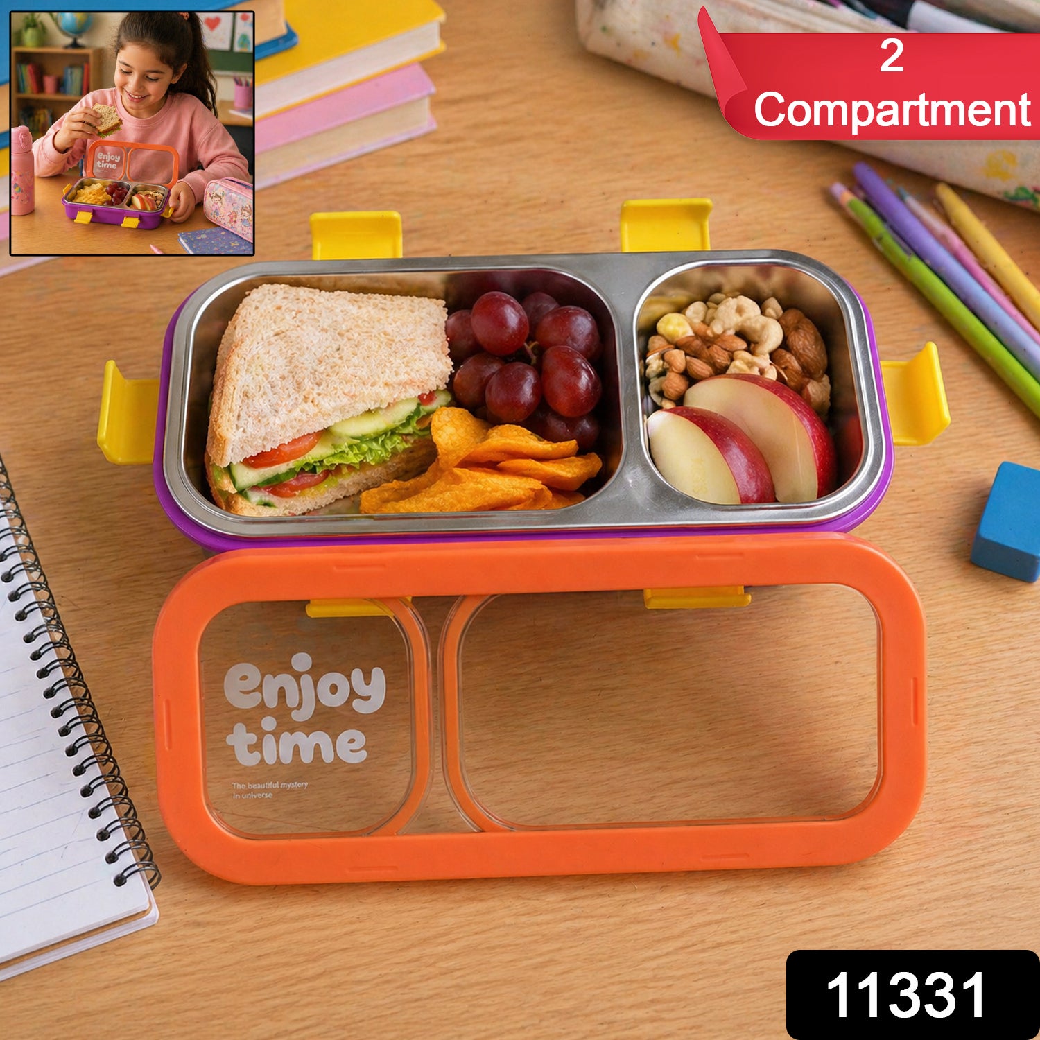 Stainless Steel Leak-proof Lunch Box With 2 Compartments With Spoon Fork