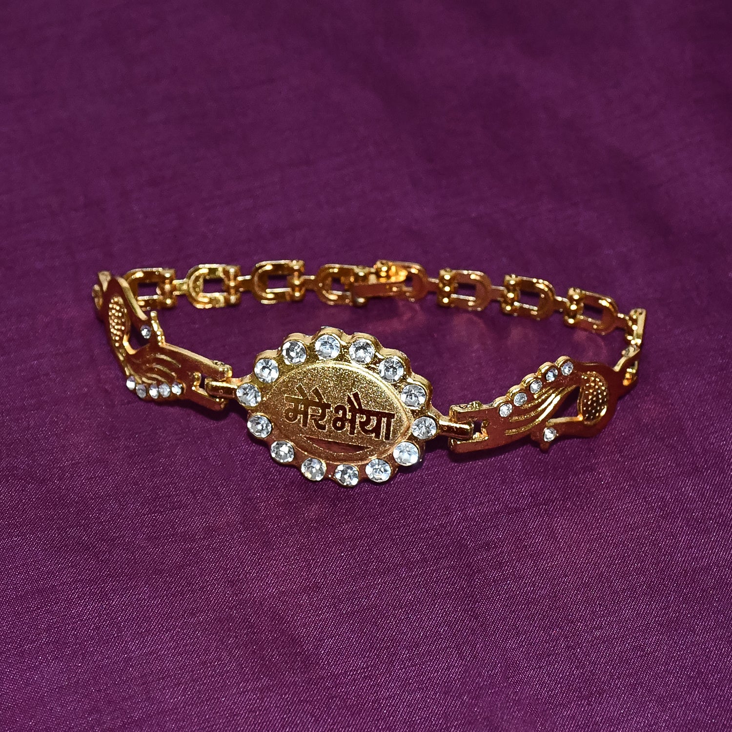 Bracelet With Stone Border Dual Peacock Chain End Rakhi