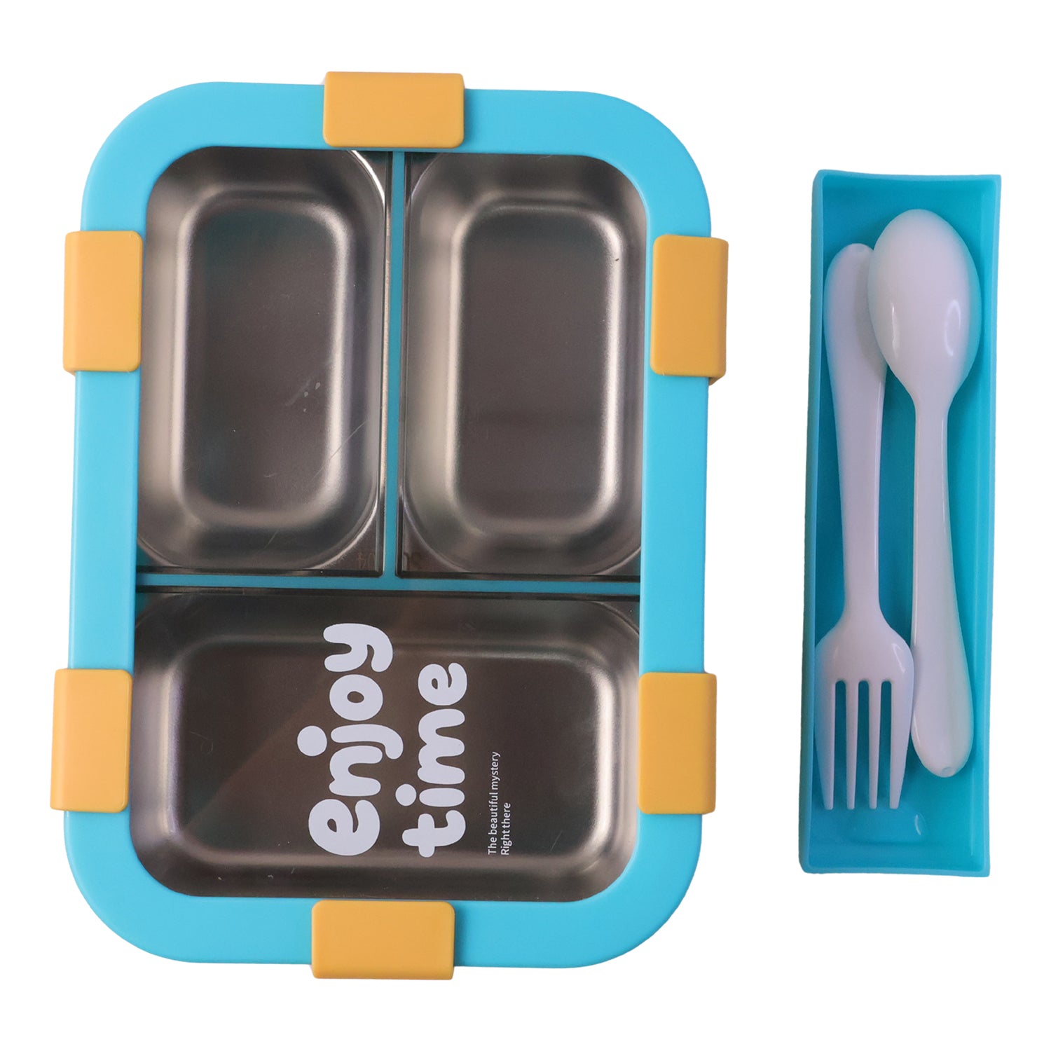 Airtight 3 Compartment Stainless Steel Lunch Box With Spoon Fork 600ml
