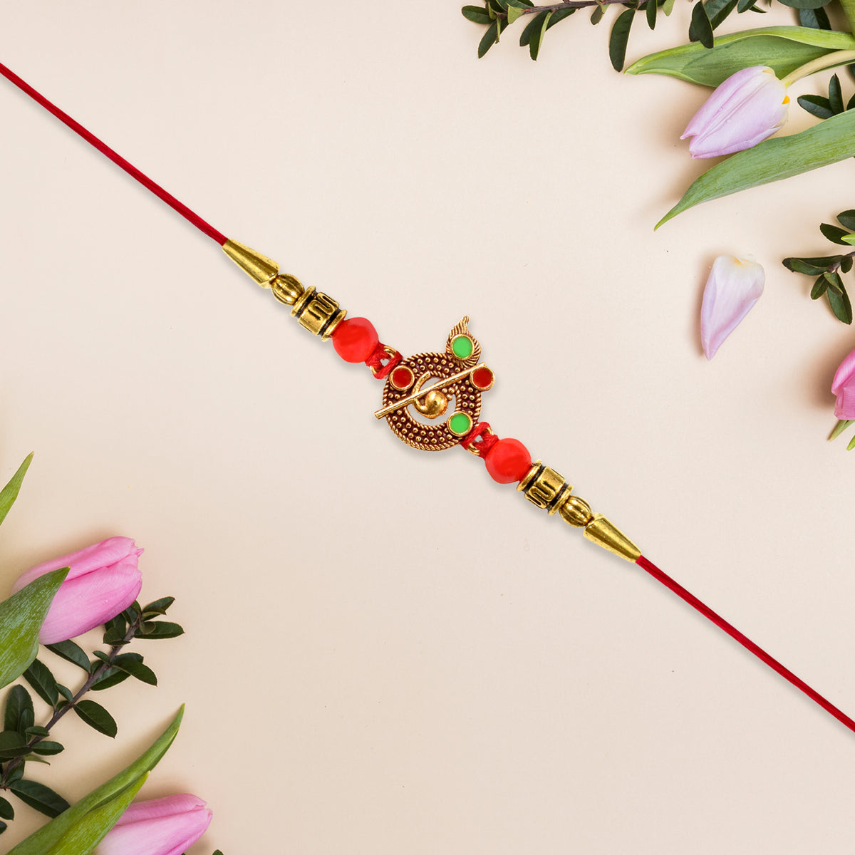 Red Beaded Rakhi With Krishna Symbol