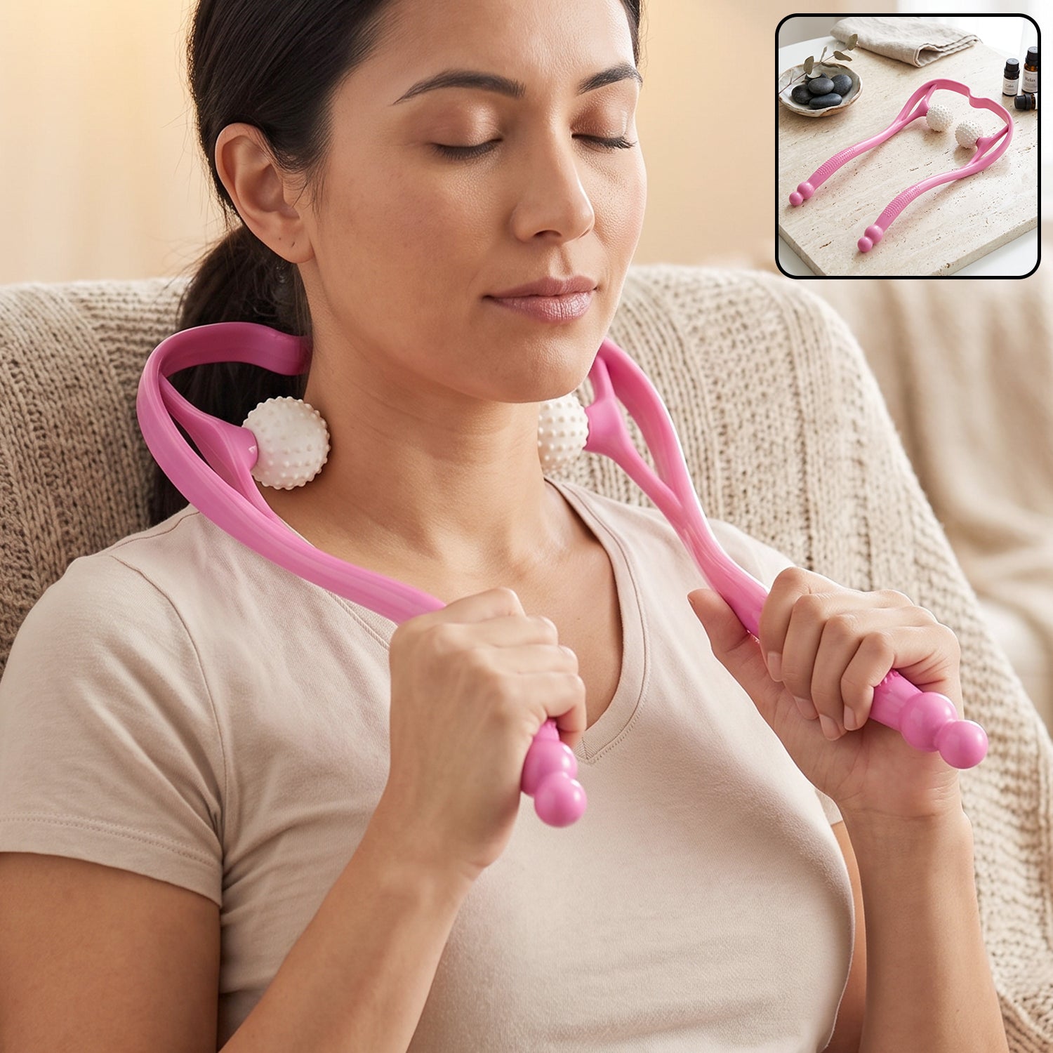 Manual Pink Neck Shoulder Massager With Spiky Ball For Pain Relief (1 Pc)