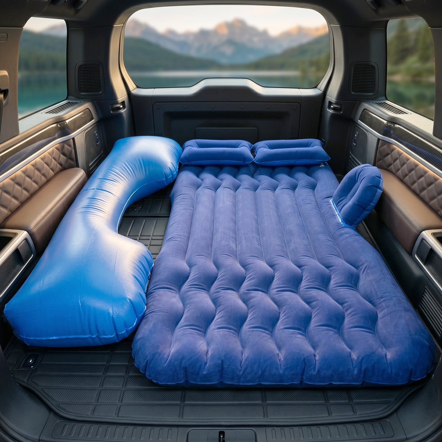 Portable Car Air Mattress Bed Set With Pump Pillows Inflatable (Dark Blue)