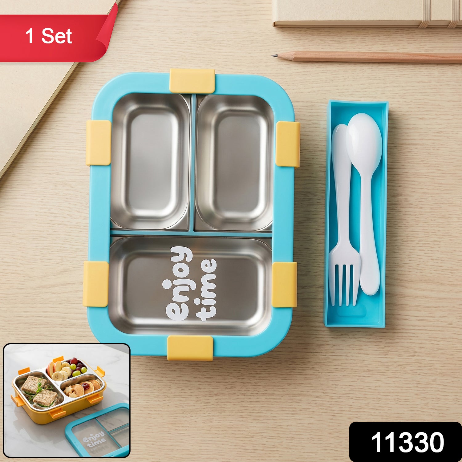 Airtight 3 Compartment Stainless Steel Lunch Box With Spoon Fork 600ml