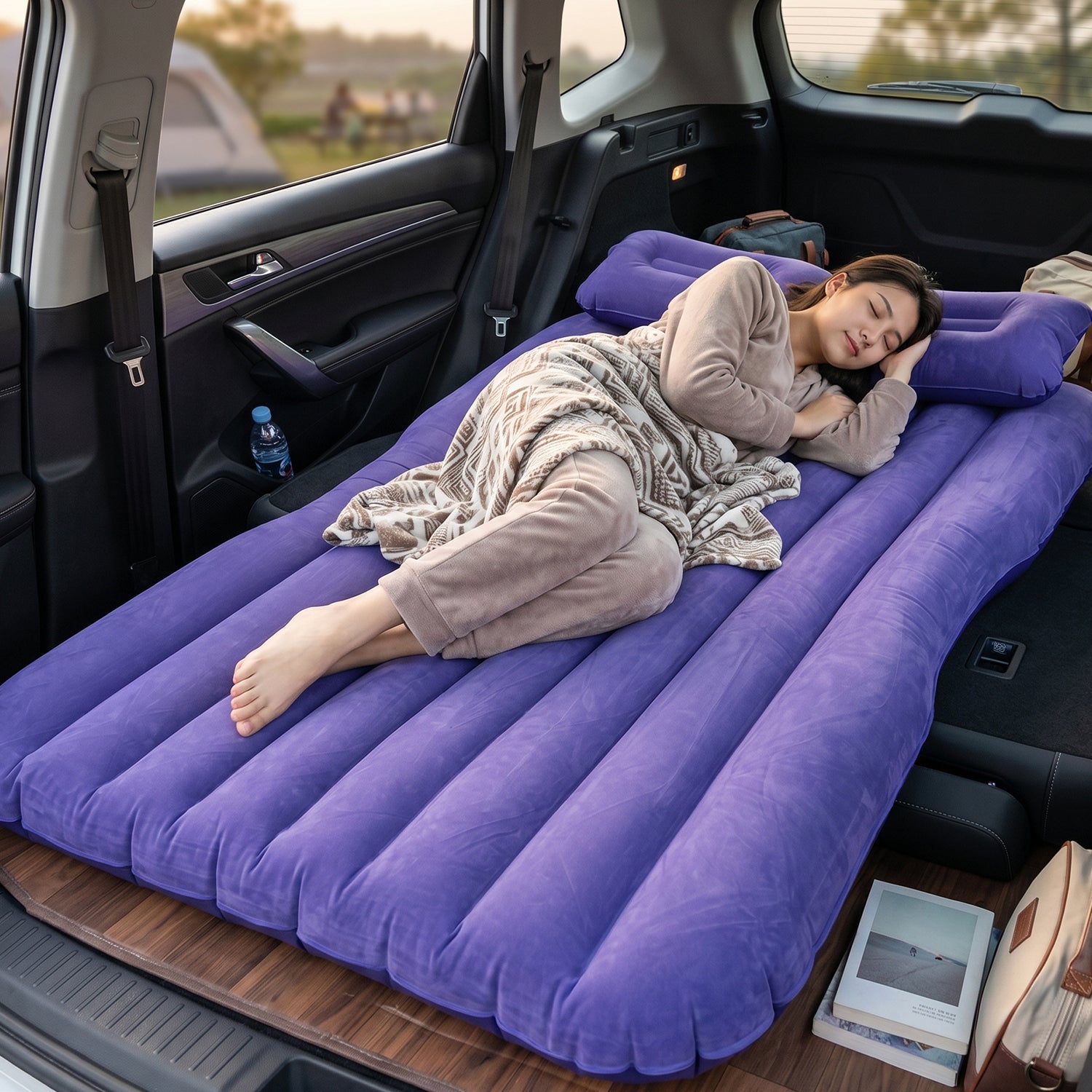 Portable Car Air Mattress Bed Set With Pump Pillows Inflatable (Blue)