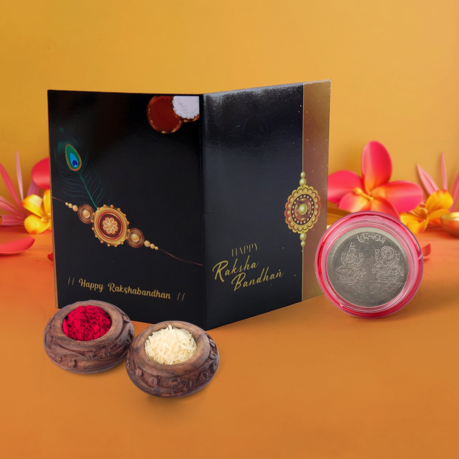 Raksha Bandhan Gift Set Roli Chawal With Greeting Card Silver-coated Coin