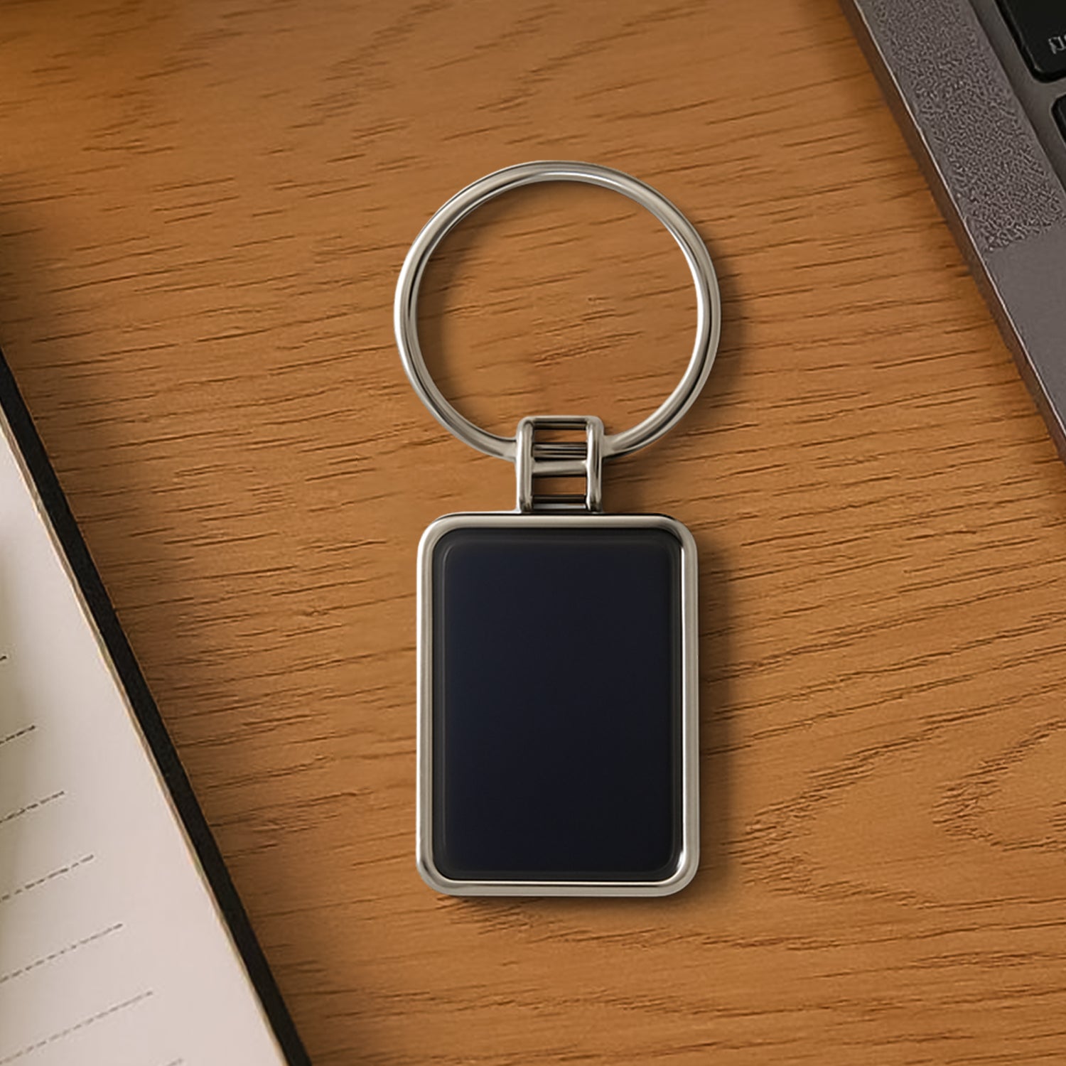 Premium Rectangular Black Silver Metal Keychain (1 Pc)