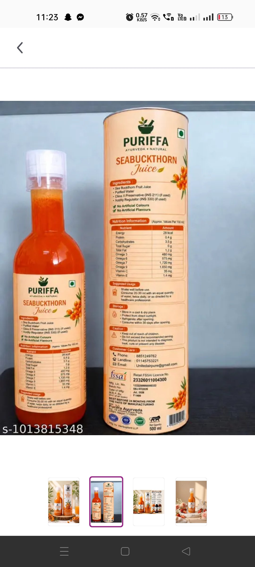 PURIFFA Sea Buckthorn Juice 500ml