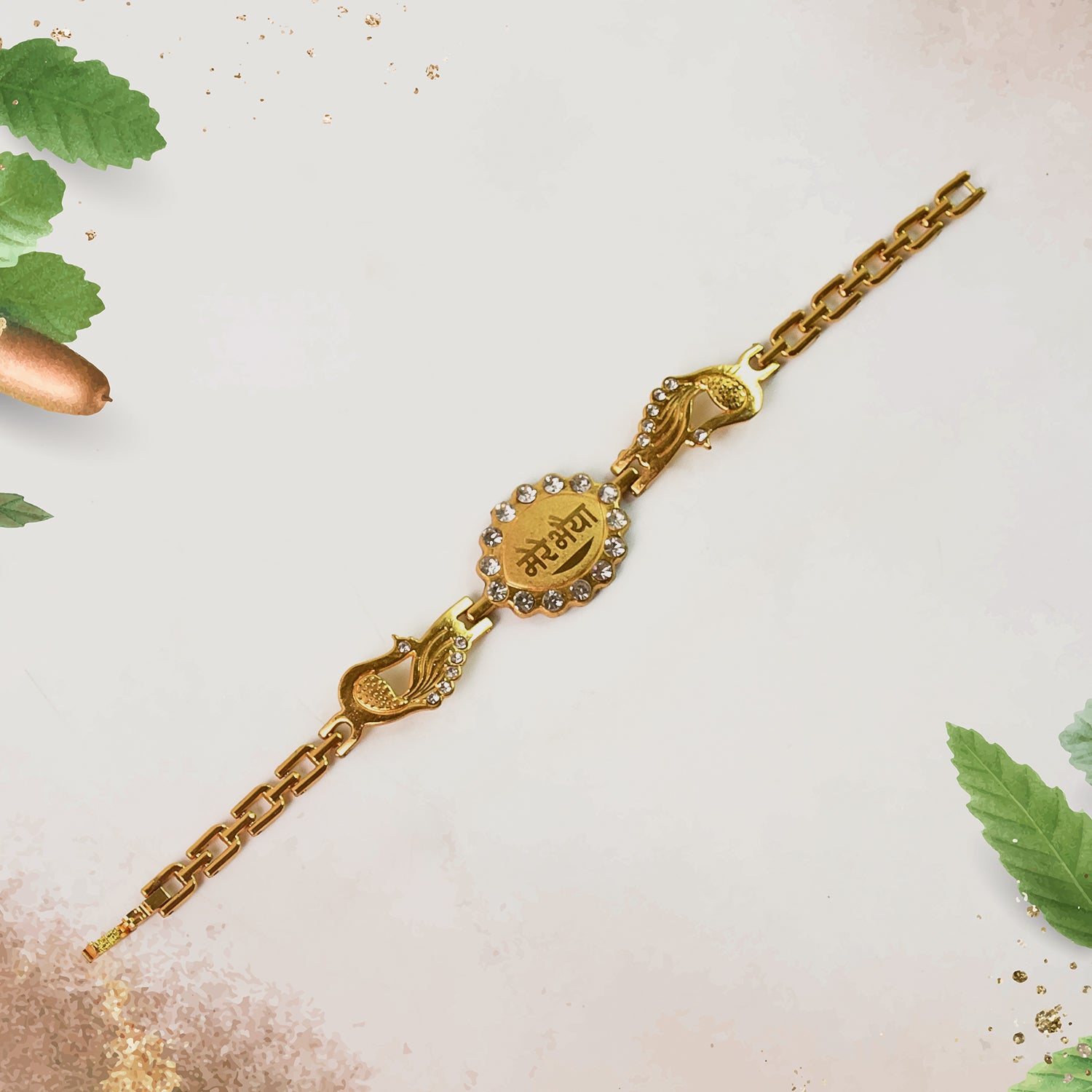 Bracelet With Stone Border Dual Peacock Chain End Rakhi