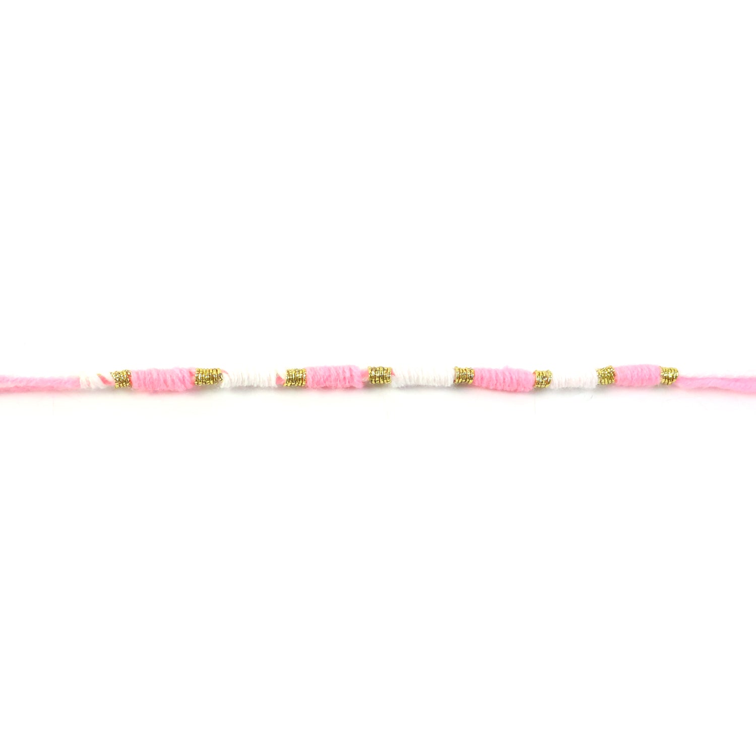 Cute Pink White Thread Rakhi For Brother With Golden Beads (1 Pc)