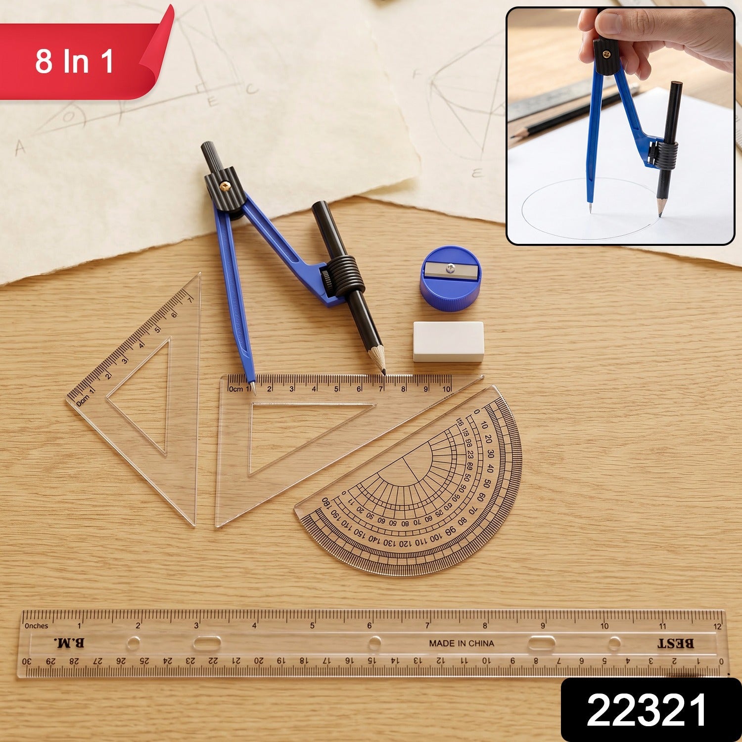 8 In 1 Geometry Stationery Set With Compass Rulers And Drawing Tools Kit (1 Set)