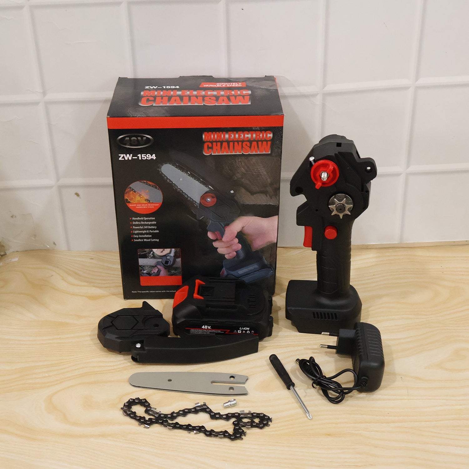 Mini Electric Cordless Chainsaw With 48v Battery For Wood Cutting (1 Set)