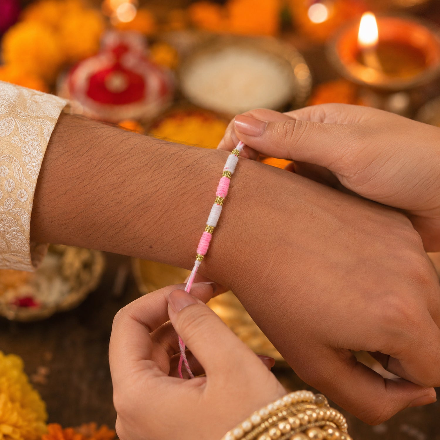 Cute Pink White Thread Rakhi For Brother With Golden Beads (1 Pc)