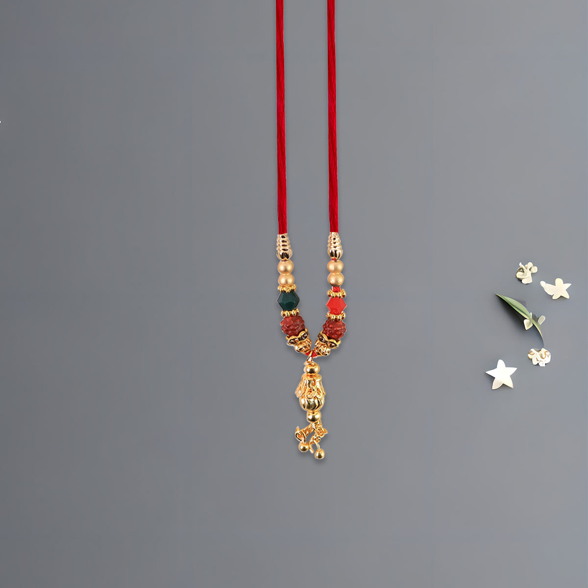 Bhabhi Lumba Rakhi With Multicolor Beads And Hanging Chain Charm On Red Thread