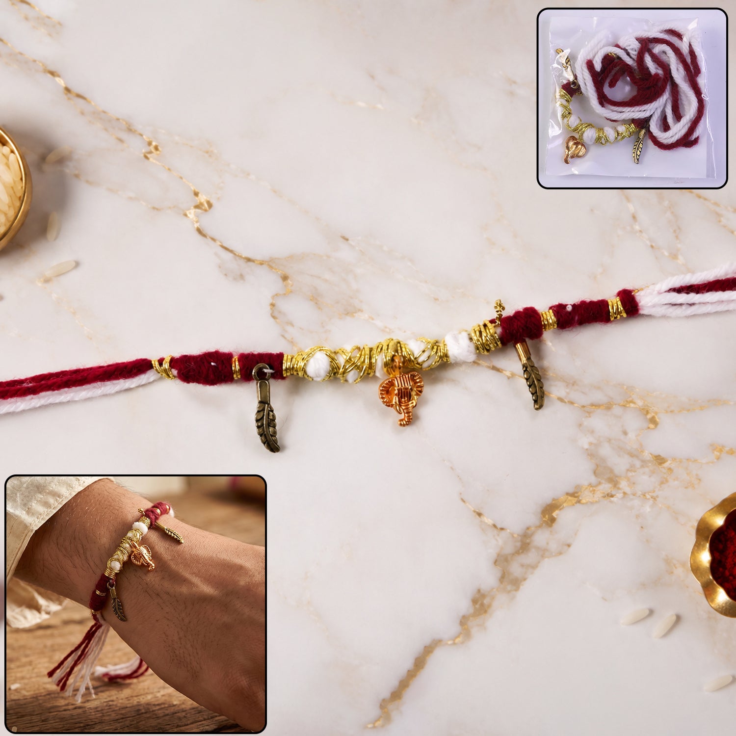 Decorative Thread Rakhi Bracelet With Ganesh  Feather Charms (1 Pc)