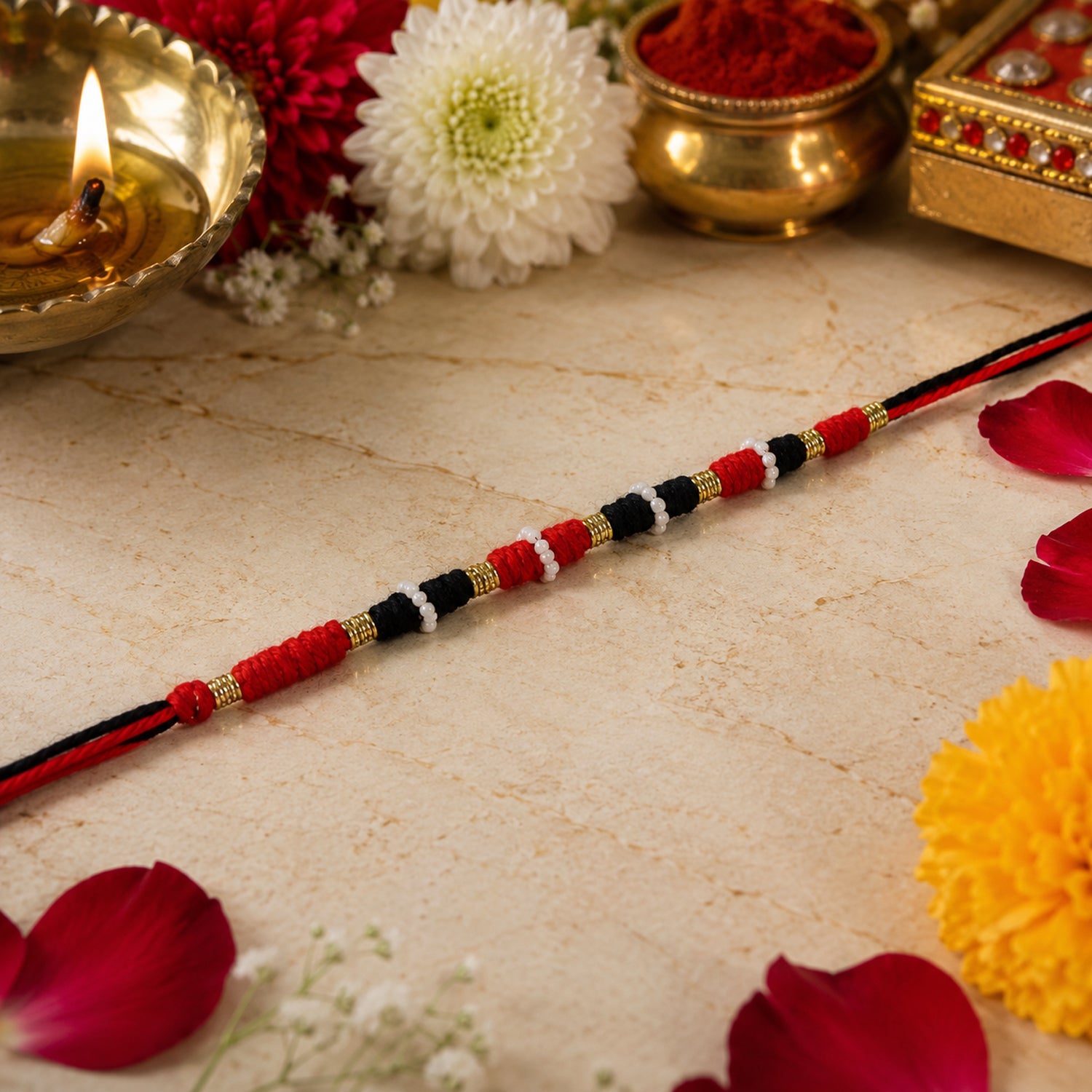 Traditional Handmade Red Black Thread Rakhi For Brother (1 Pc)