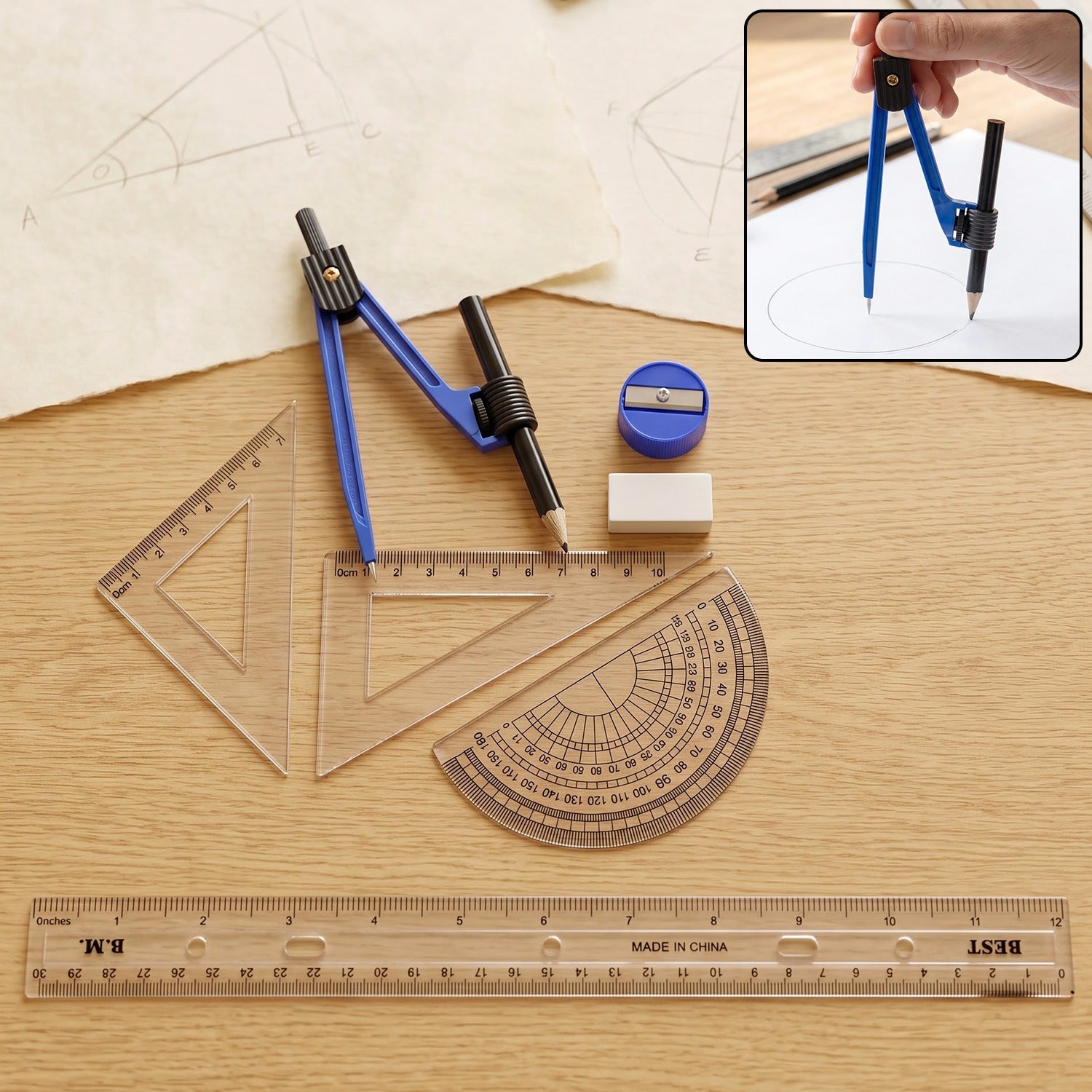 8 In 1 Geometry Stationery Set With Compass Rulers And Drawing Tools Kit (1 Set)