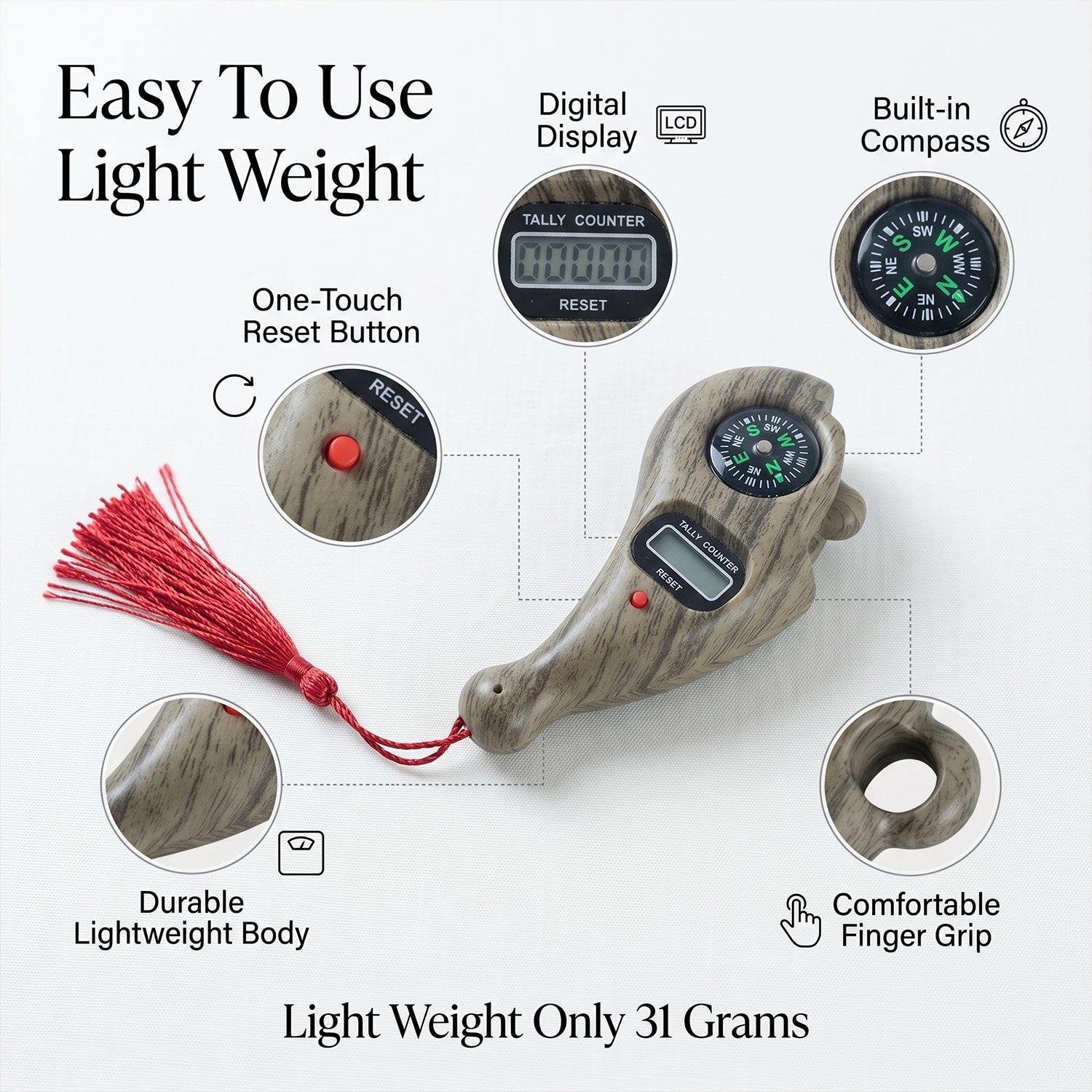 Wooden Digital Tasbih Counter Handheld Lcd Mantra Jaap Counter With Compass (1 Pc)