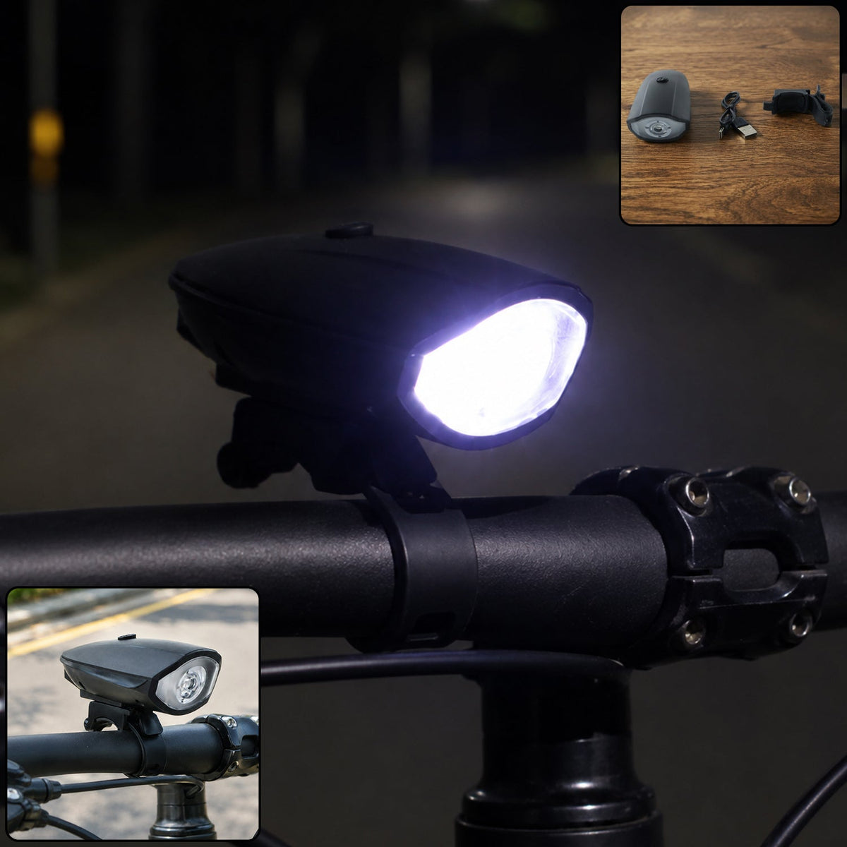 2 In 1 Usb Rechargeable Led Bicycle Front Light With Bracket (1 Pc)