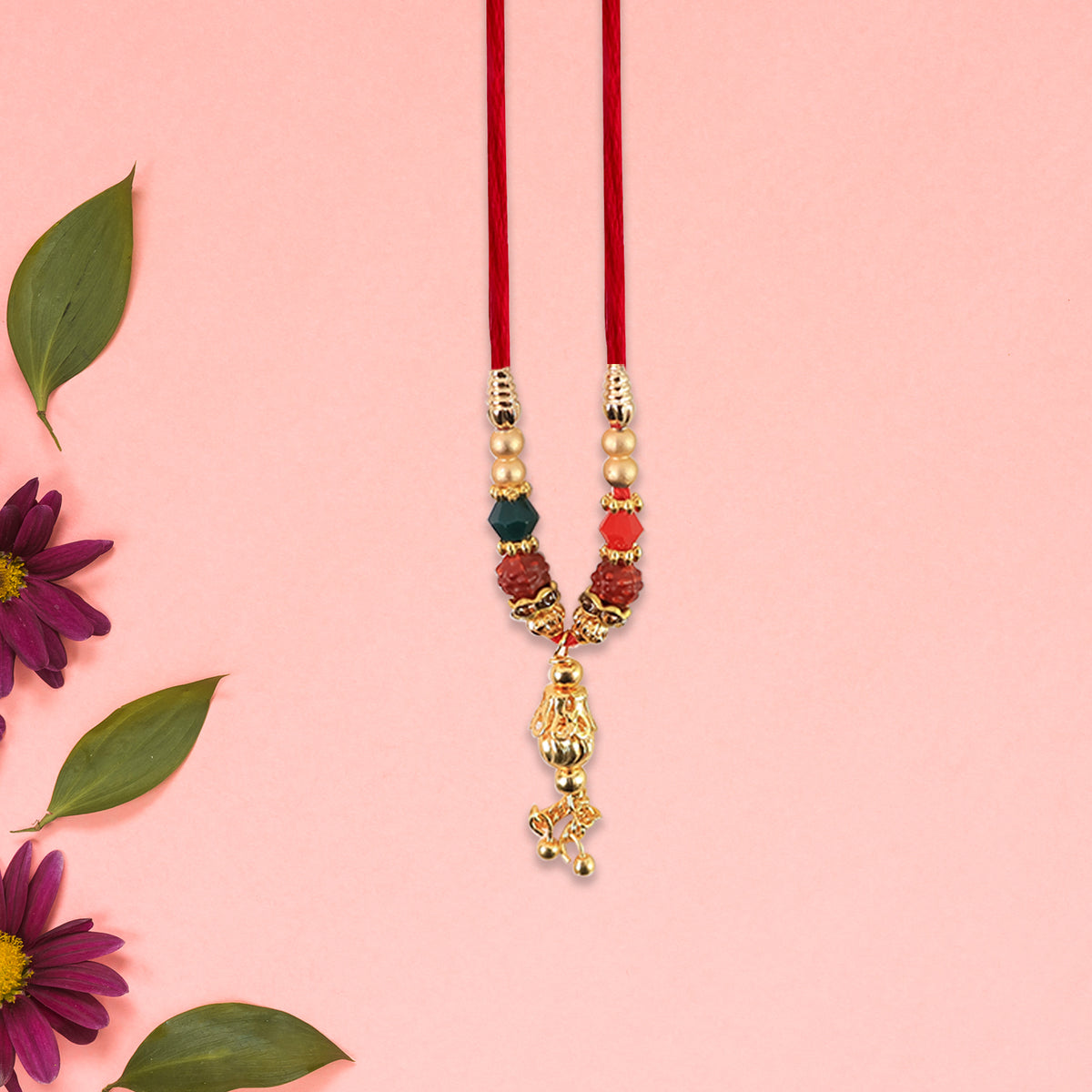 Bhabhi Lumba Rakhi With Multicolor Beads And Hanging Chain Charm On Red Thread