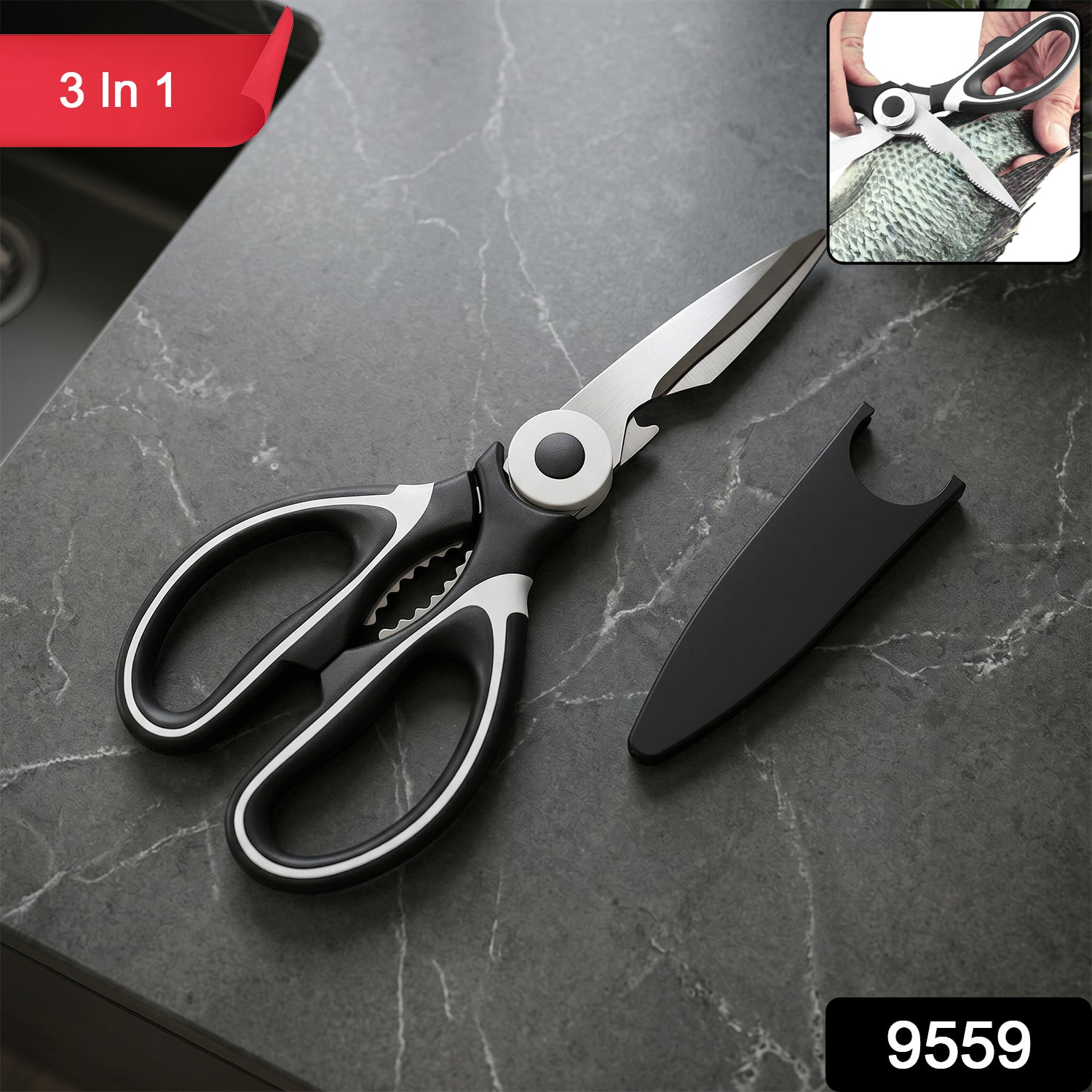 3 In 1 Multi-function Scissor Multipurpose Kitchen Scissors Steel Blades (1 Pc)