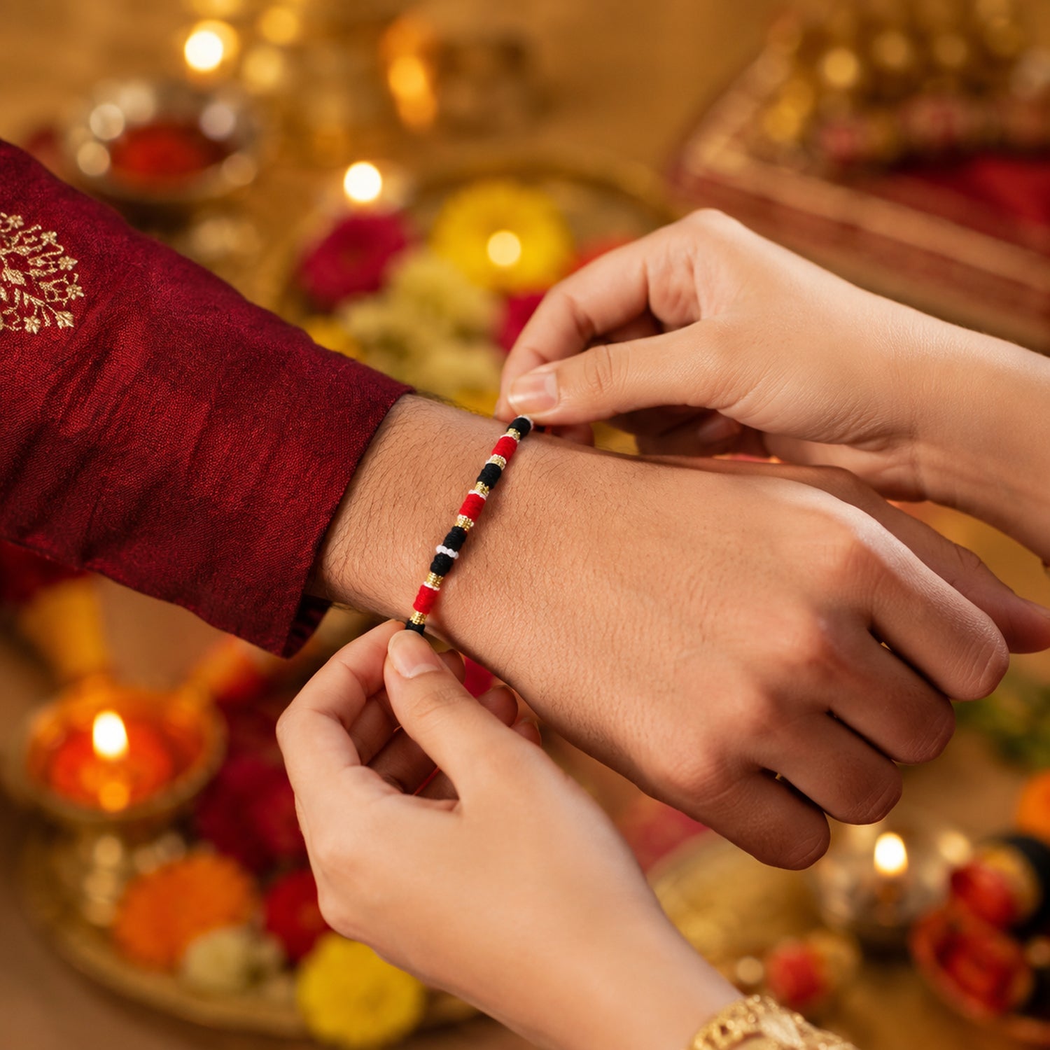 Traditional Handmade Red Black Thread Rakhi For Brother (1 Pc)