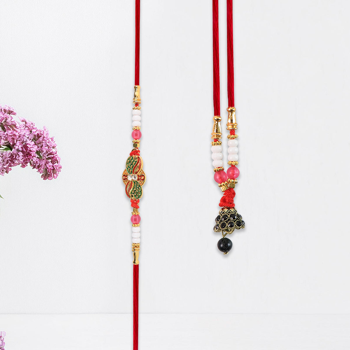 Elegant Bhabhi Lumba Rakhi With Butterfly Design Beaded Tassels  Pink Stone Work
