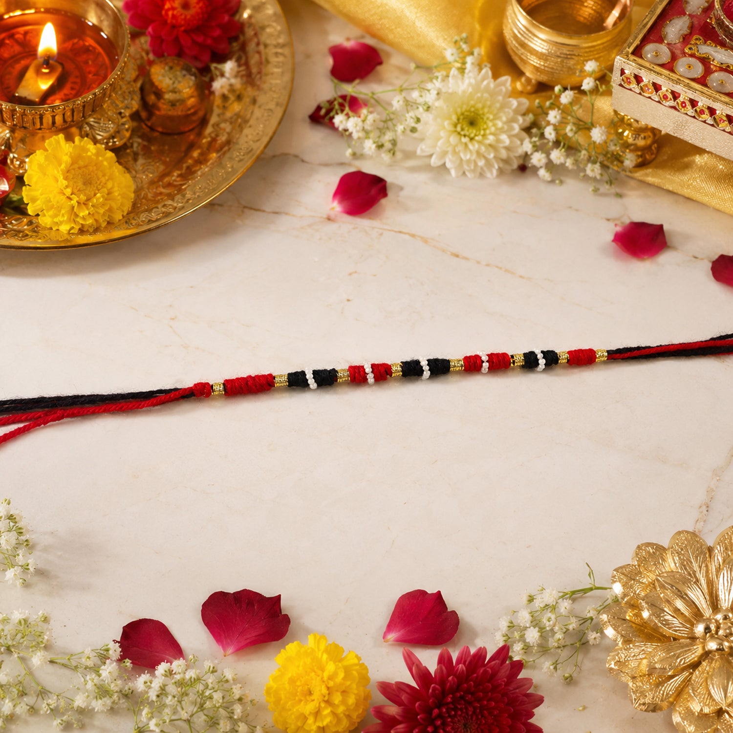 Traditional Handmade Red Black Thread Rakhi For Brother (1 Pc)