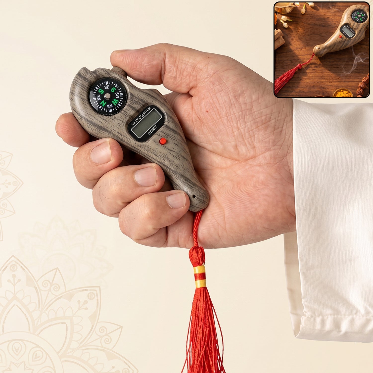 Wooden Digital Tasbih Counter Handheld Lcd Mantra Jaap Counter With Compass (1 Pc)