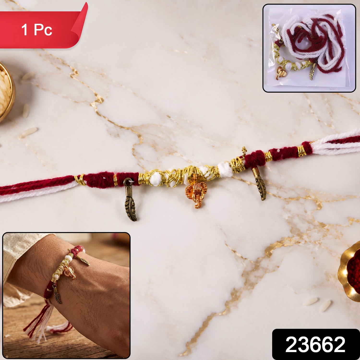 Decorative Thread Rakhi Bracelet With Ganesh  Feather Charms (1 Pc)