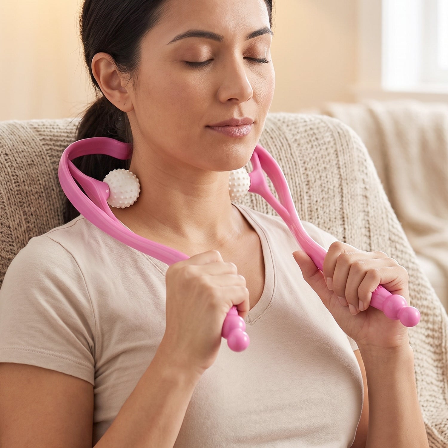 Manual Pink Neck Shoulder Massager With Spiky Ball For Pain Relief (1 Pc)