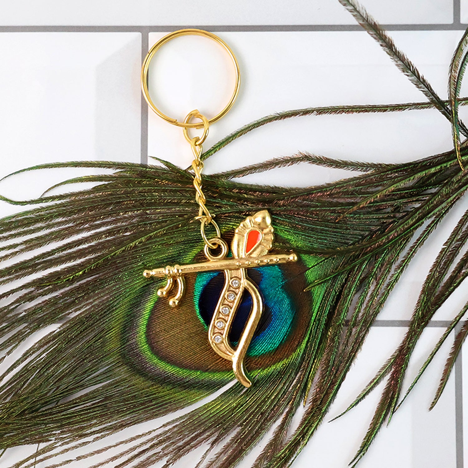 Flute And Peacock Feather Krishna Design Keychain (1 Pc)