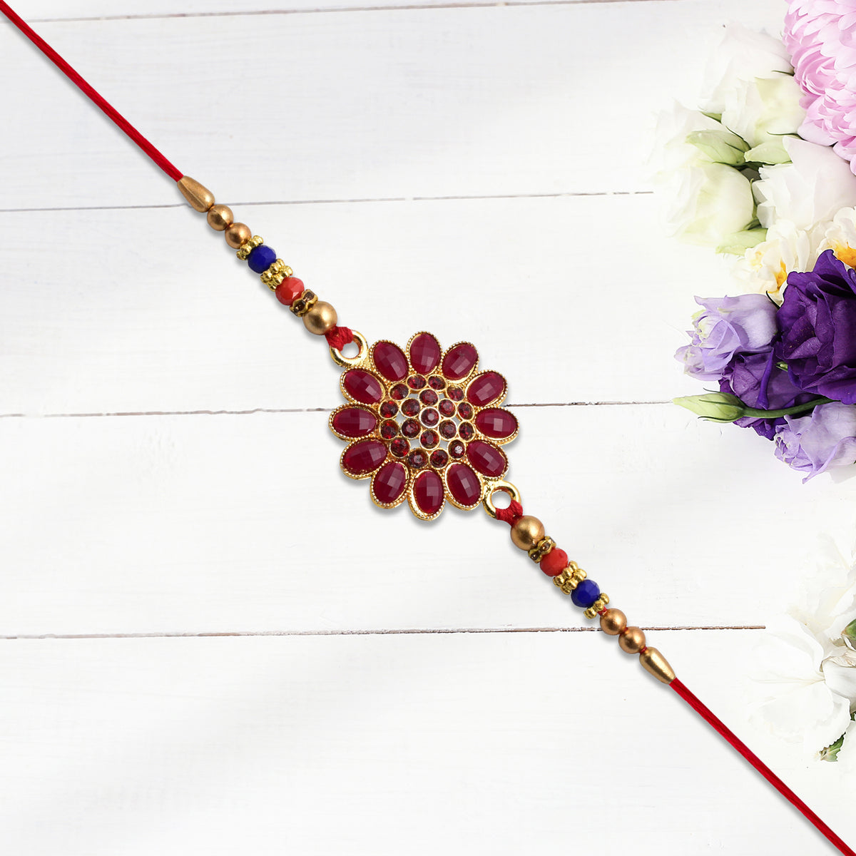 Red Floral Stone Rakhi With Bead Accents